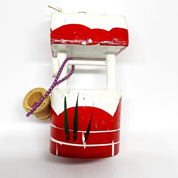 Christmas Vintage Red White Wishing Well Bucket Wood Holiday Ornament - Picture 7 of 9